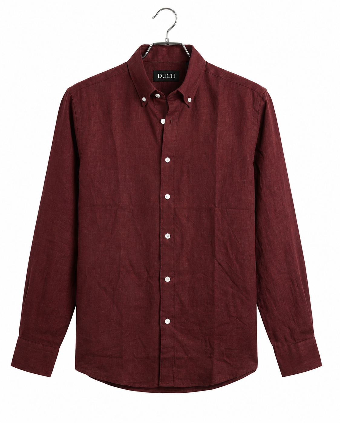 Maroon linen slim fit shirt on hanger | Duch Clothing