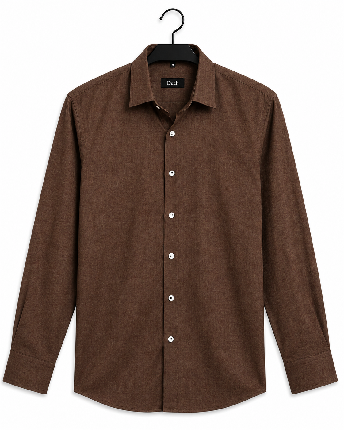 Chocolate brown linen slim fit shirt on hanger | Duch Clothing