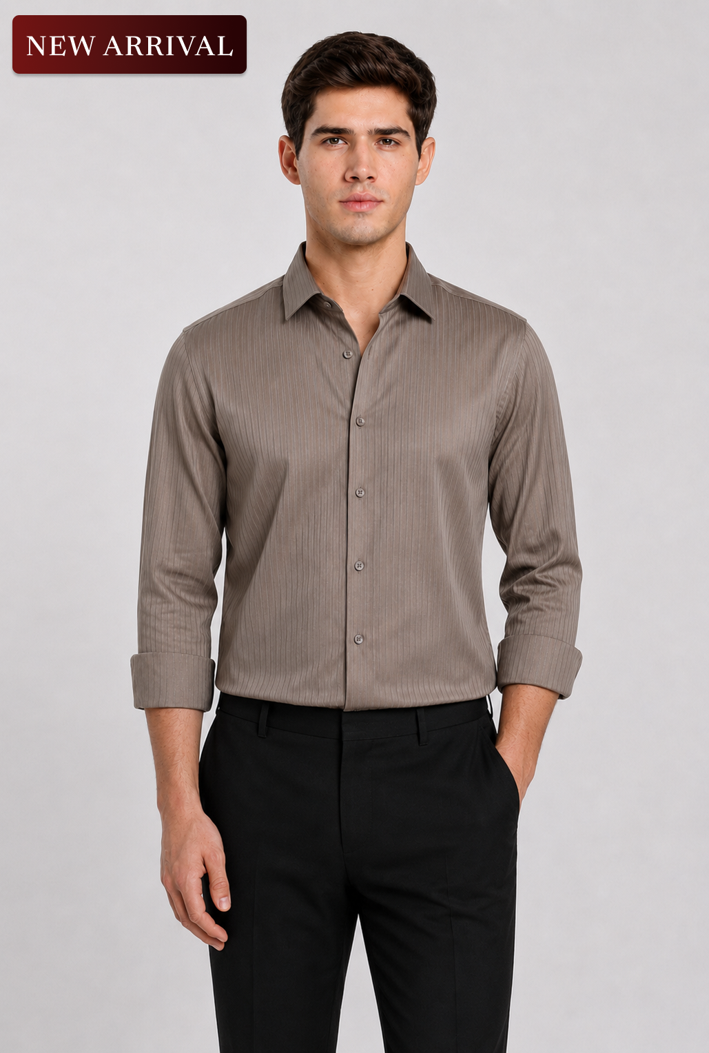 Men's Khaki Satin Stripe Slim Fit Full Sleeve Formal Shirt