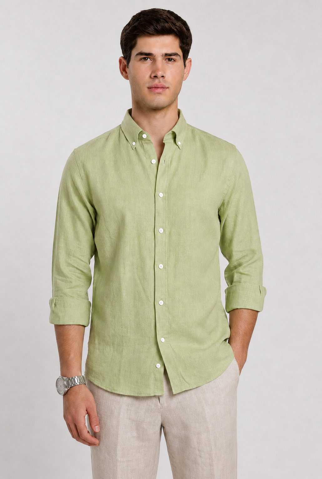 Men's Lime Green Linen Slim Fit Full Sleeve Casual Shirt