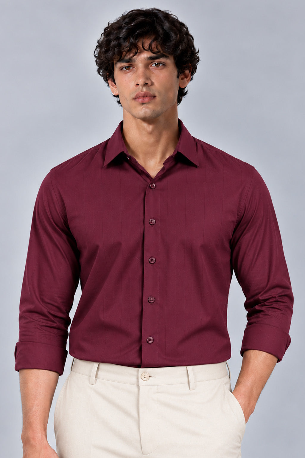 Men's Maroon Satin Stripe Slim Fit Full Sleeve Formal Shirt