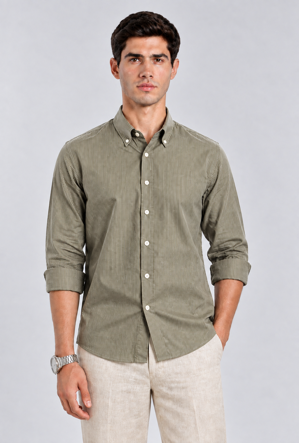 Men's Light Green imported Vertical Stripes Shirt-Slim Fit