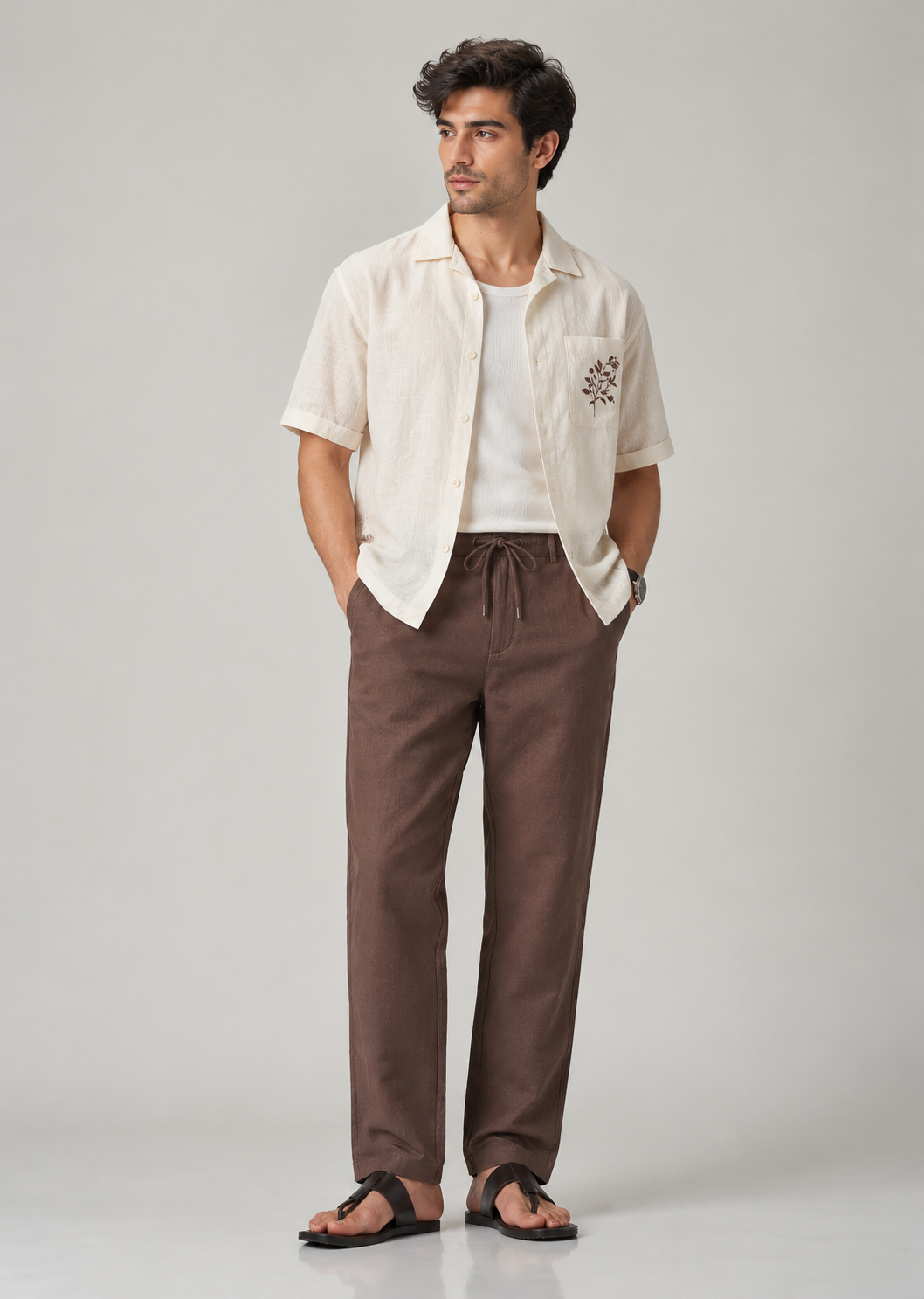 Men's Brown Cotton Linen Trousers