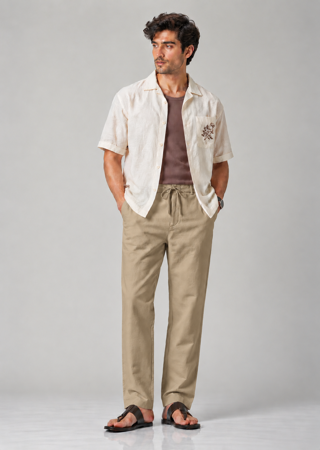 Men's Khaki Cotton Linen Slim Fit Trousers