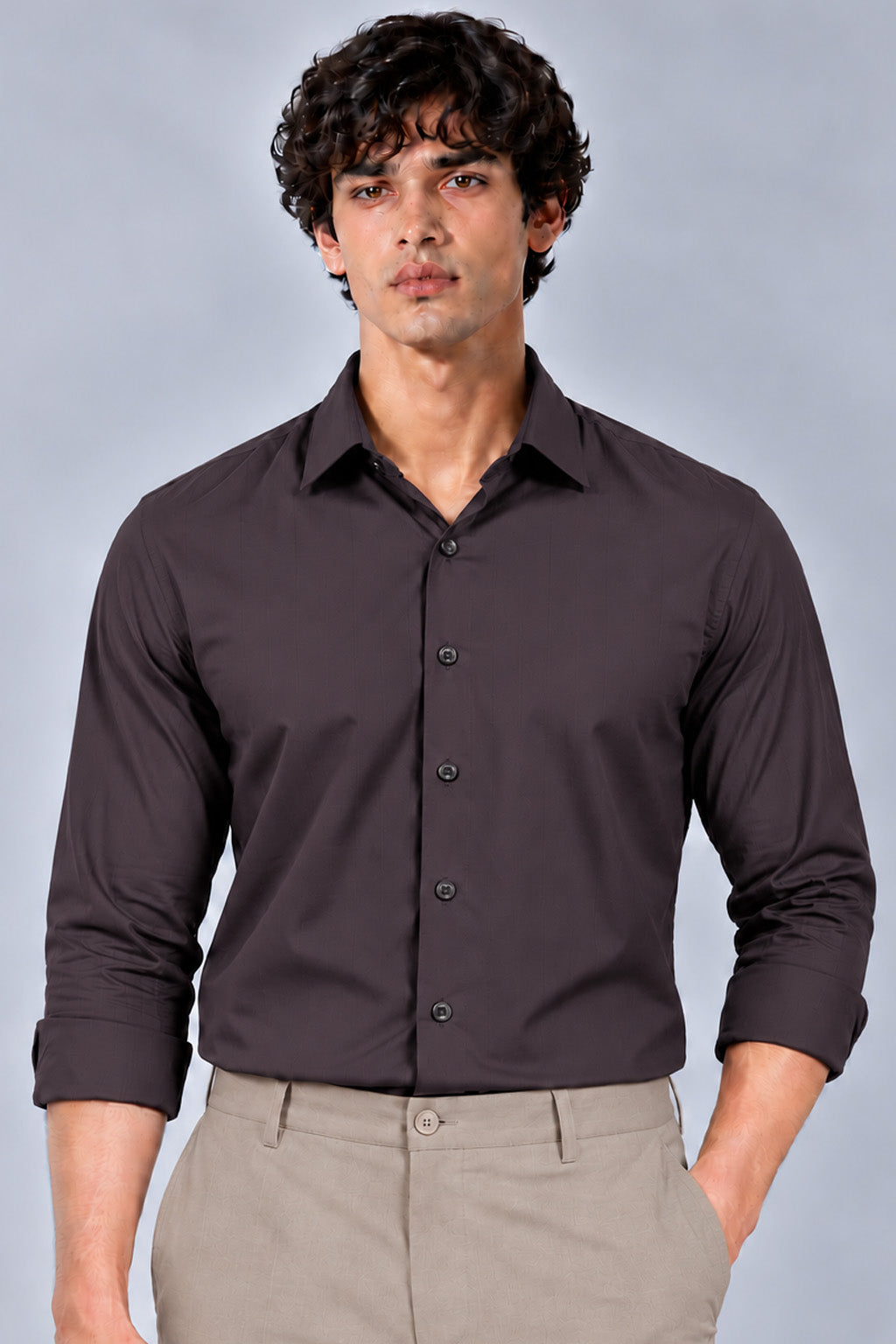 Men's Deep Plum Satin Stripe Slim Fit Full Sleeve Formal Shirt