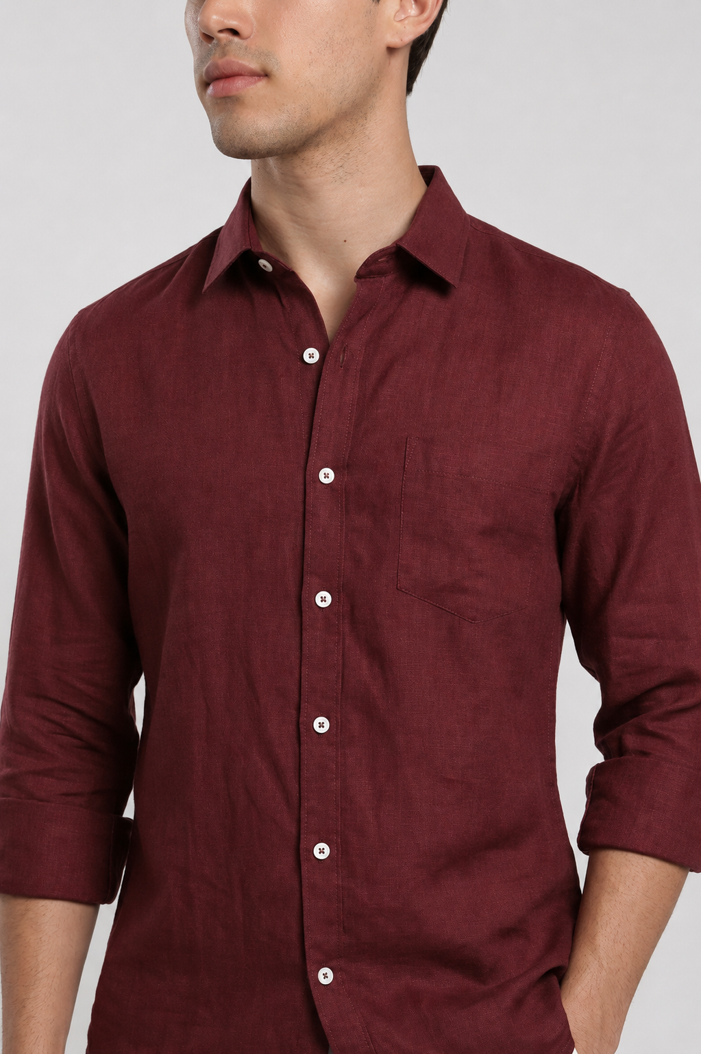 Close-up of maroon linen slim fit shirt | Duch Clothing