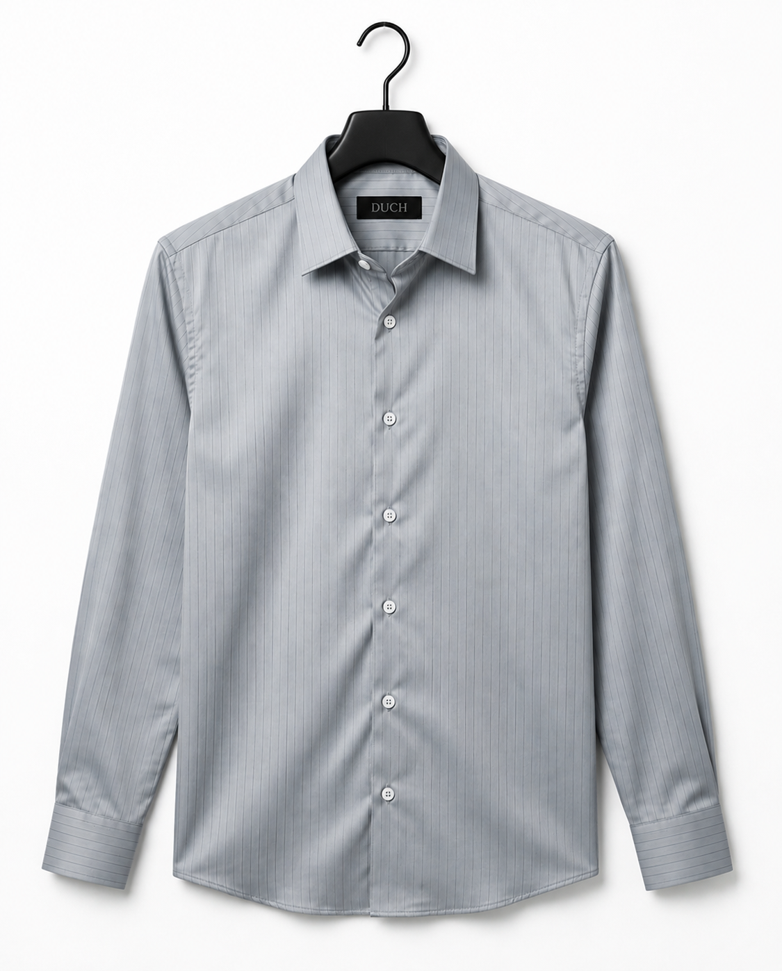 Silver grey satin slim fit shirt on hanger | Duch Clothing