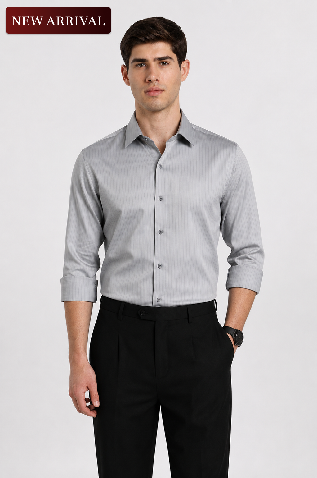 Men's Silver Grey Satin Slim Fit Full Sleeve Formal Shirt