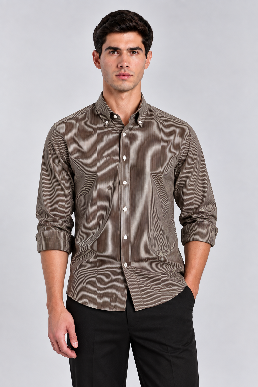 Men's Dark Brown imported Vertical Stripes Shirt-Slim Fit
