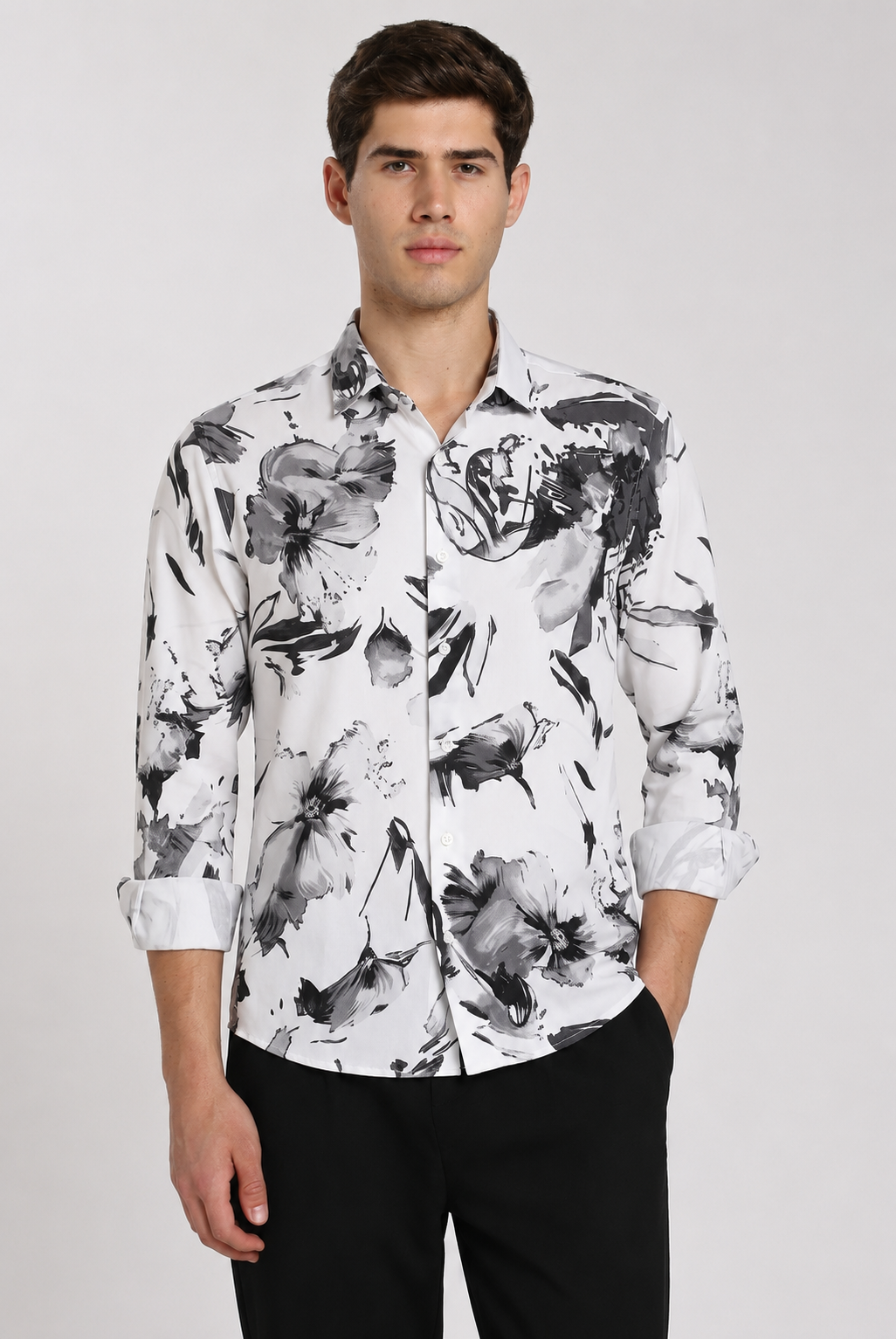 Men's White Floral Print with Grey Abstract Regular Fit Casual Shirt