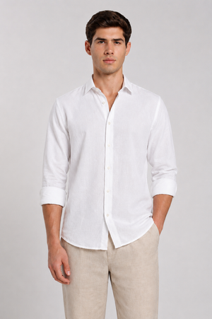 Men's White Linen Slim Fit Full Sleeve Casual Shirt