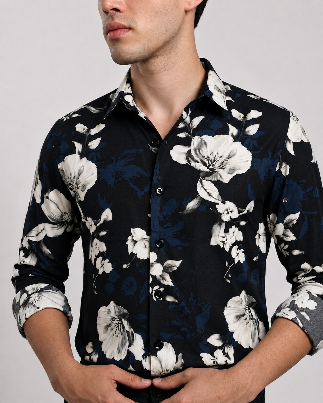 Men's Black Floral Print with Navy Blue Regular Fit Casual Shirt
