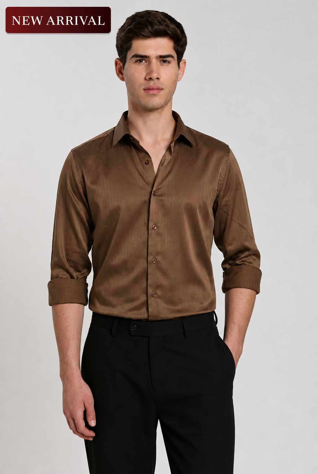 Men's Coffee Brown Satin Slim Fit Full Sleeve Formal Shirt