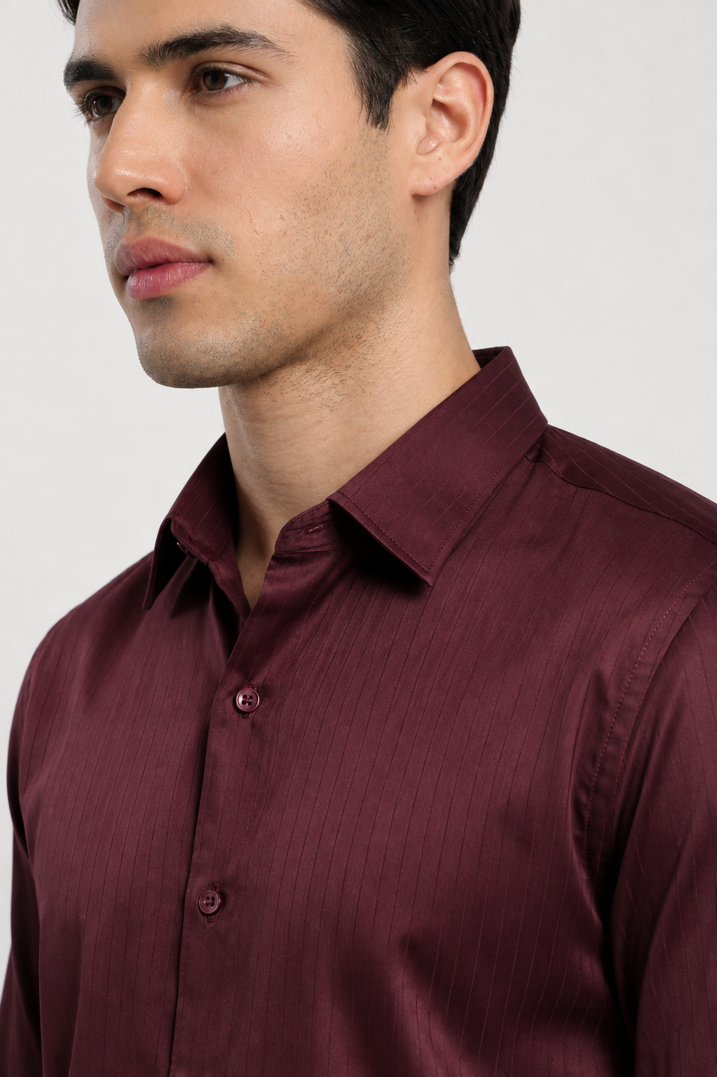 Close-up of wine maroon satin slim fit shirt | Duch Clothing