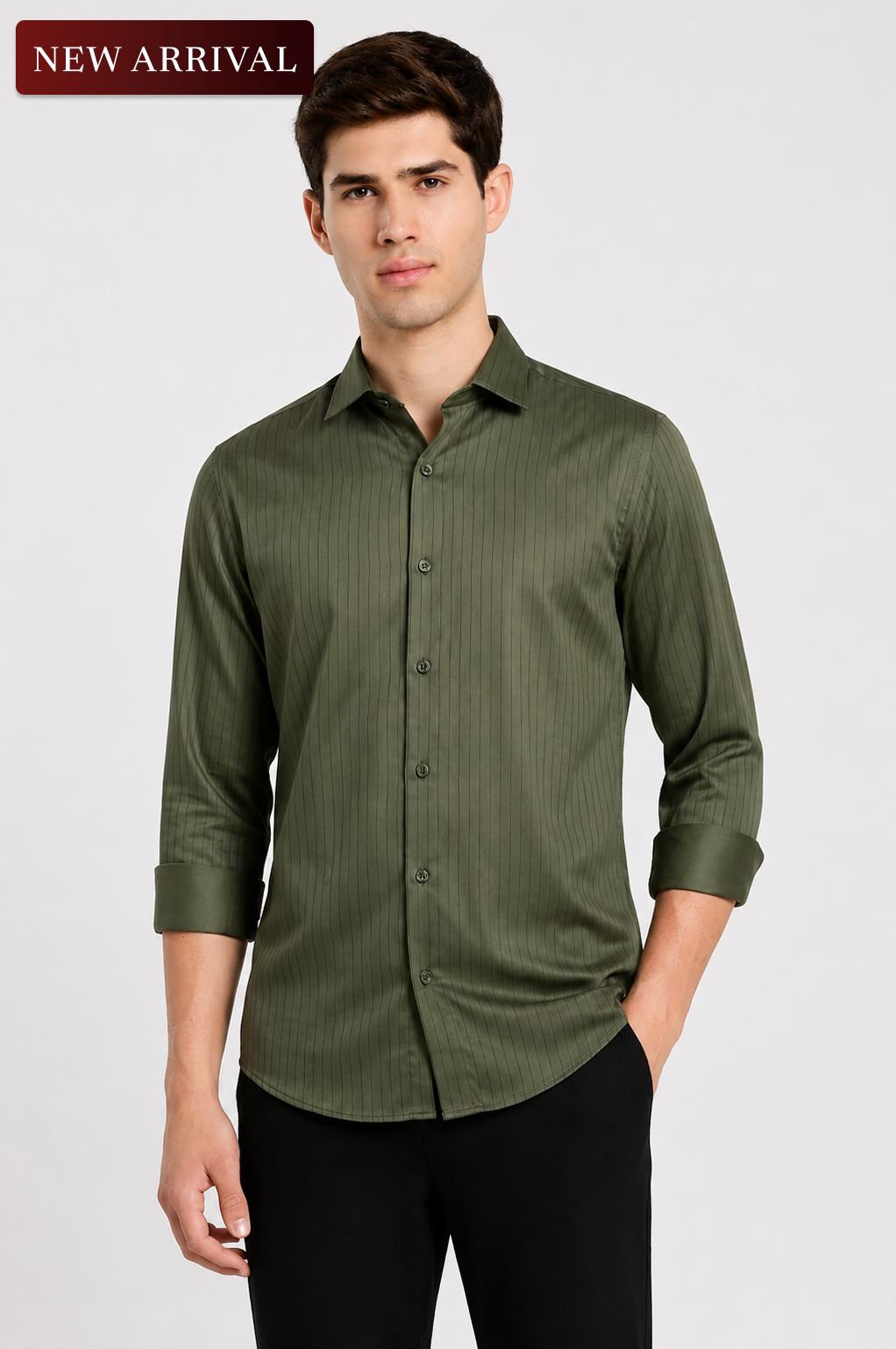 Men's Olive Green Satin-Stripe Full Sleeve Slim Fit Formal Shirt