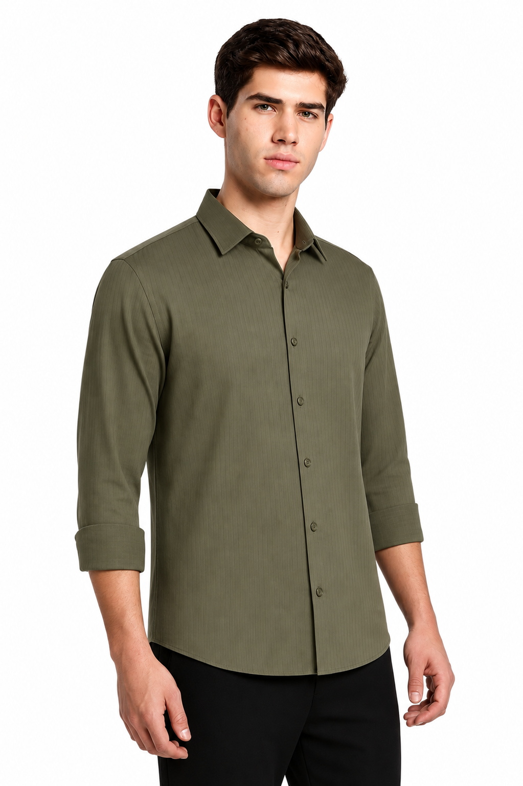 Olive green satin stripe shirt – side view | Duch Clothing